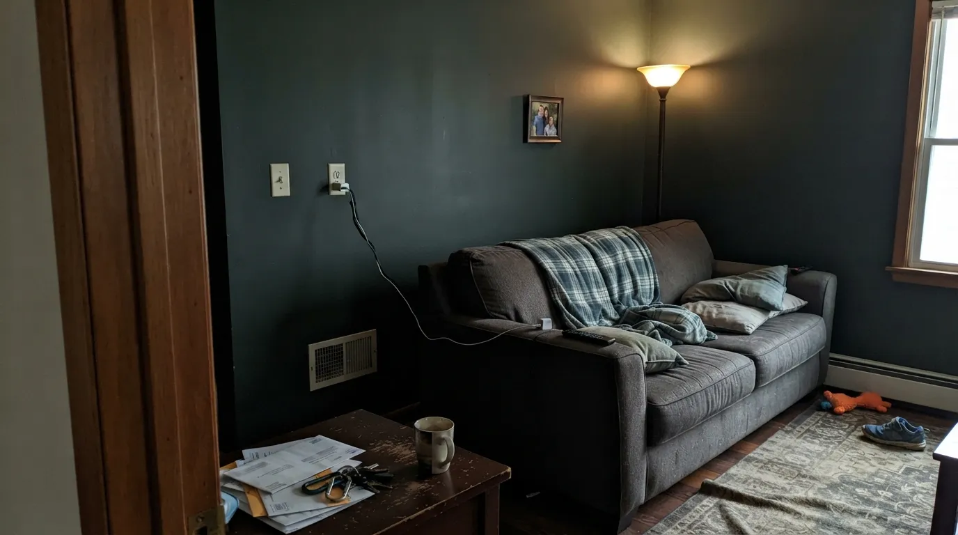 The honest shot: no daylight, no lamp plan — North End reads as plain black, not green. This is the exact situation behind every 'I thought I was buying green' complaint.