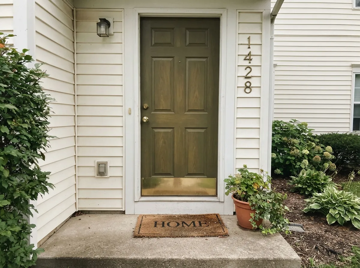 Against a warm white body, the door reads like weathered bronze — the color's other strong job.
