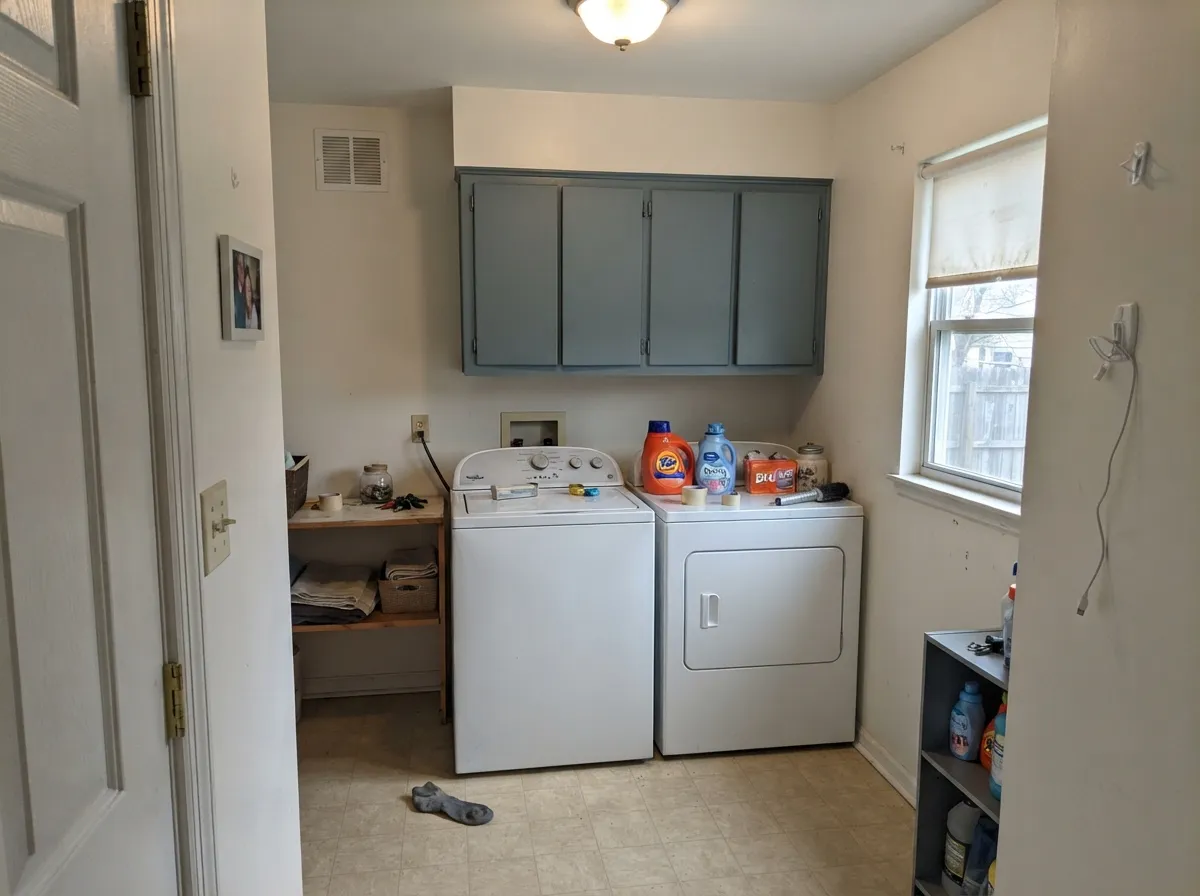 Laundry built-ins take the depth well — you get the slate without living inside four walls of it.