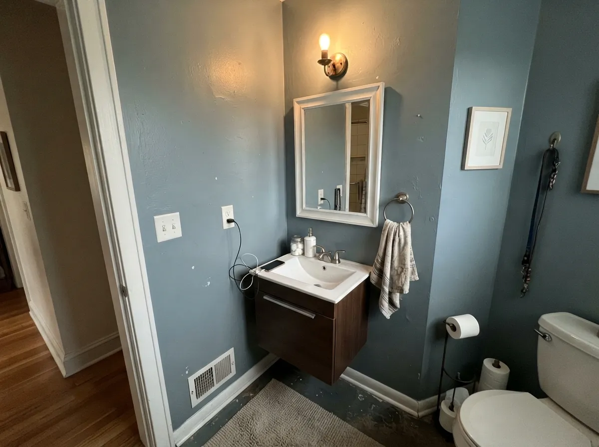 A powder-room drench is the wall job this depth can handle — custom, not cave, as long as there is a light.