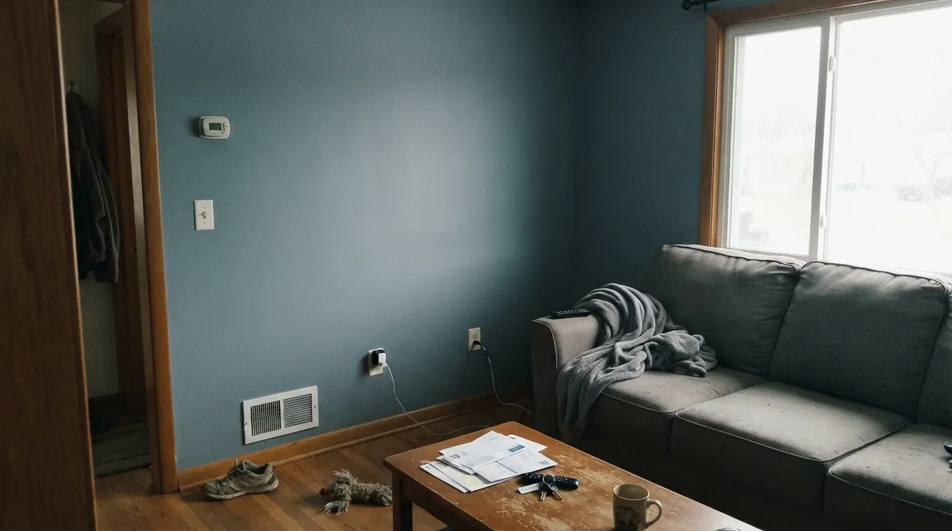 The honest shot: on four walls in cool north light, Polly Wants is not gray — the teal-blue comes forward, which is exactly the regret when someone bought it as a moody gray.