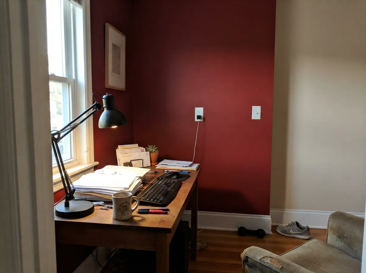 As a single accent wall behind a desk, it reads deliberate and rich against a light, neutral room.