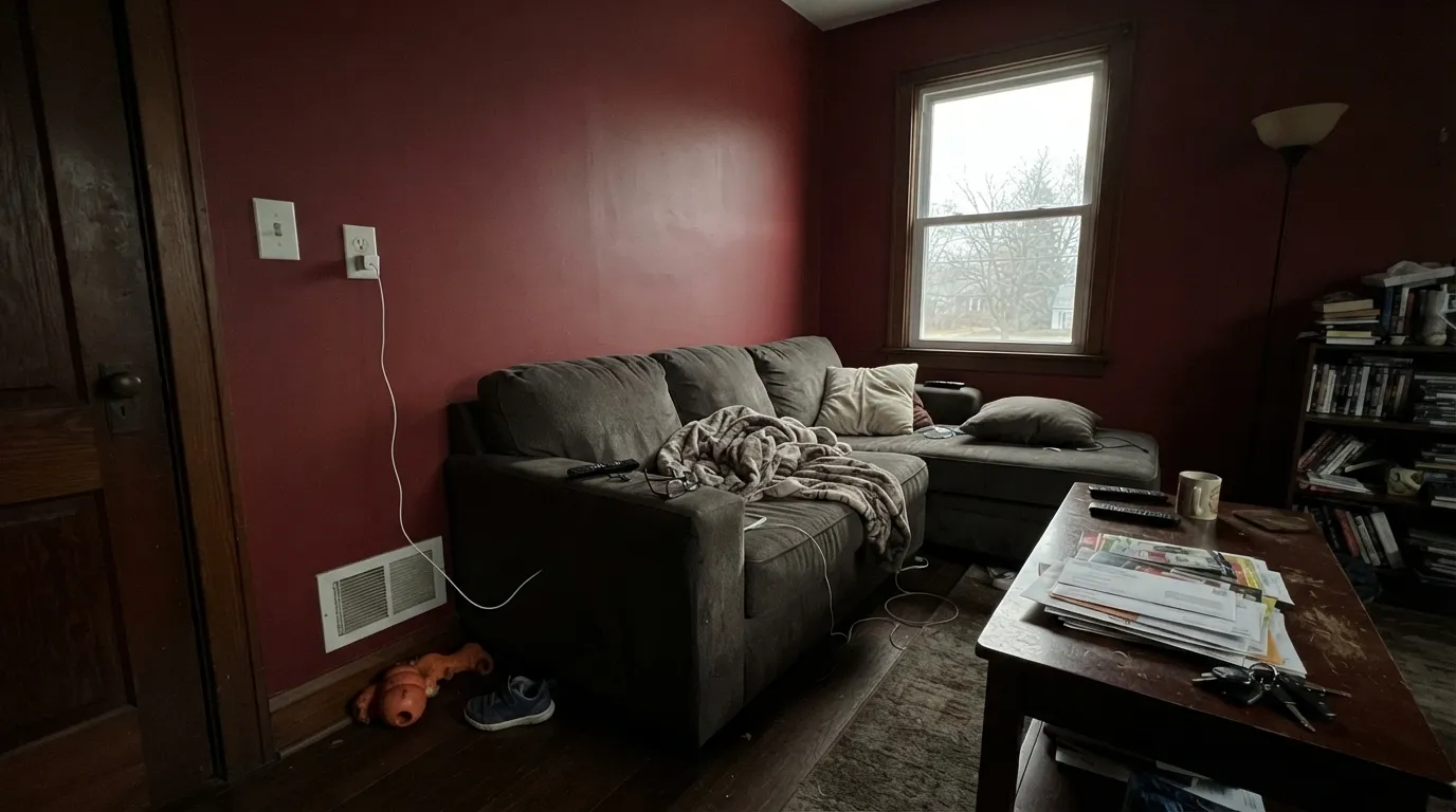 The honest shot: cool, lamp-free north light drains the red out and leaves a flat, muddy near-black — the exact situation behind most of the disappointed reviews.