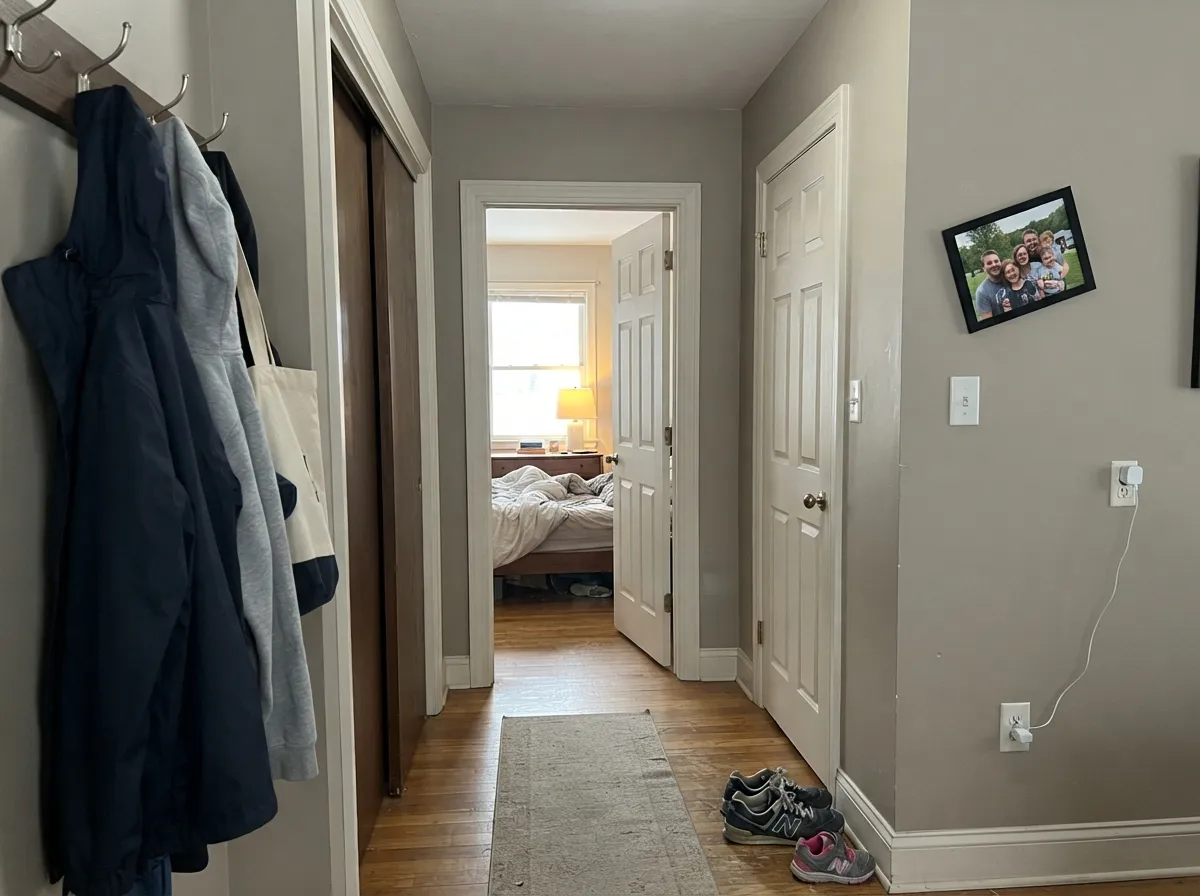 The job it was built for: Real Real as soft trim and ceiling against a deeper warm greige — contrast without a bright-white stripe.