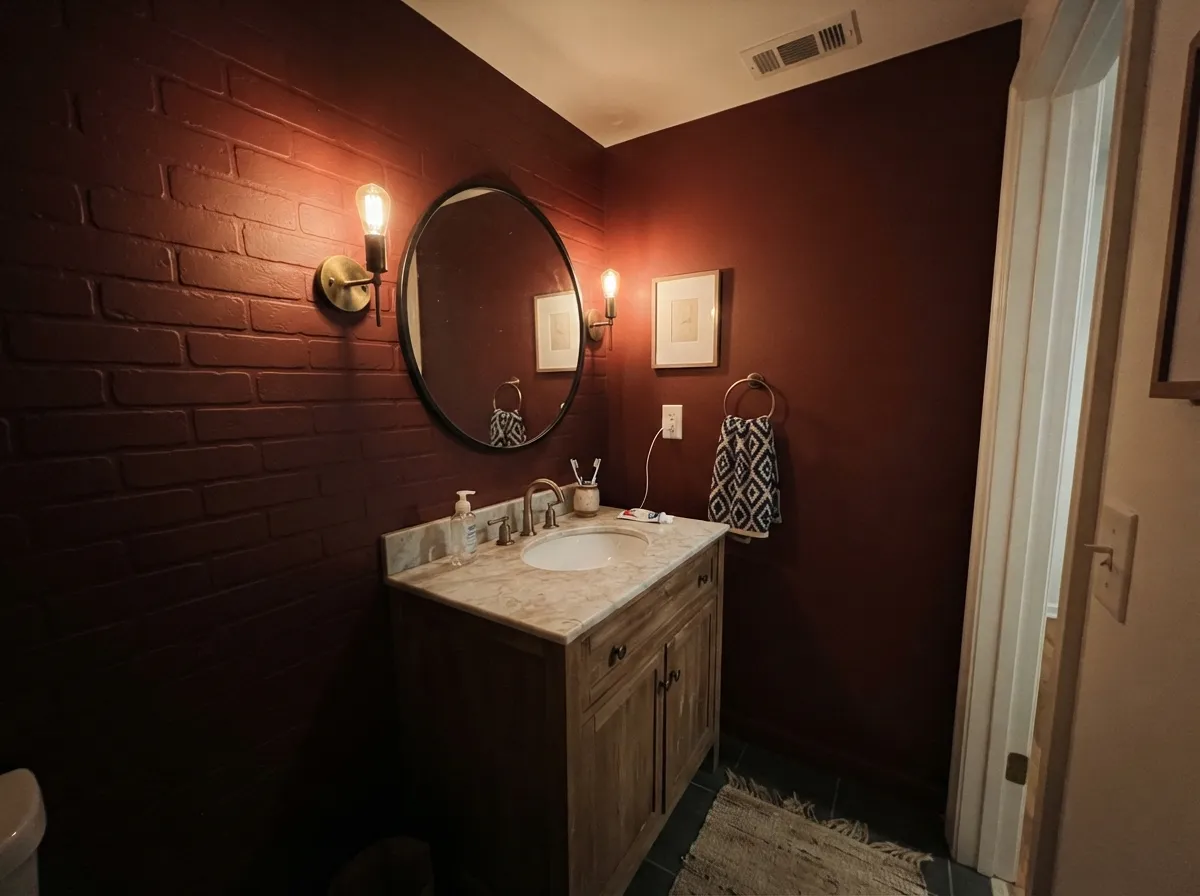 A windowless powder room is the jewel-box use case — no daylight to argue with, just warm sconce light doing the work.
