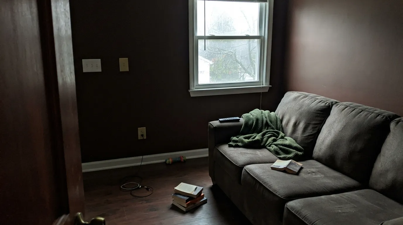 The honest shot: overcast north light with no lamp on, and the wall reads near-black, not red — the exact situation behind most disappointed reviews of colors this deep.