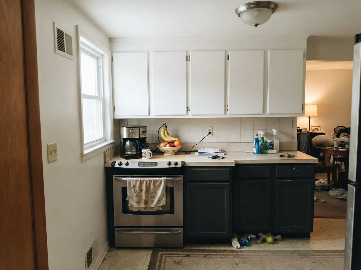 The two-tone kitchen move: Tabula Rasa lifts the uppers while a near-black lower cabinet grounds the room.