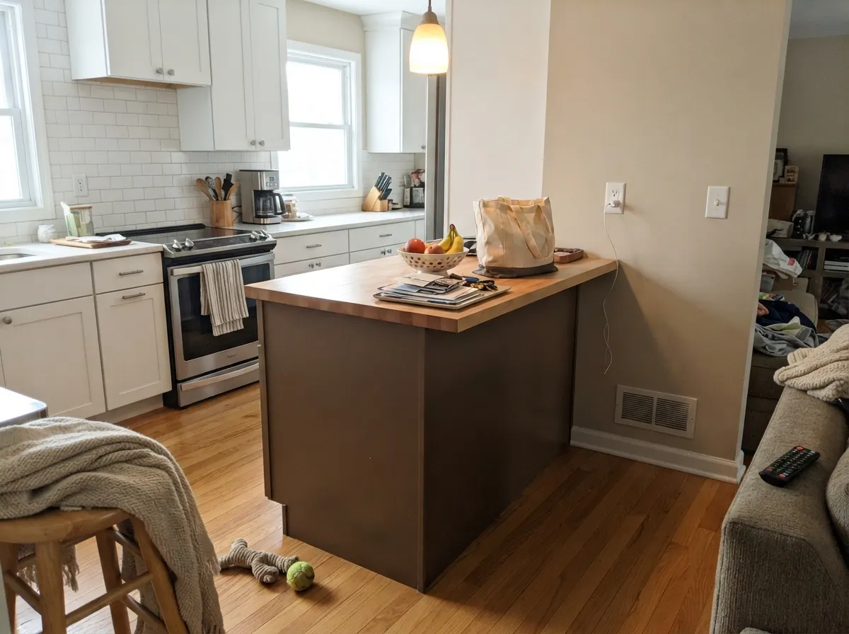 The island earns the coffee-brown comparison — brass hardware and butcher block make it read custom, not painted.