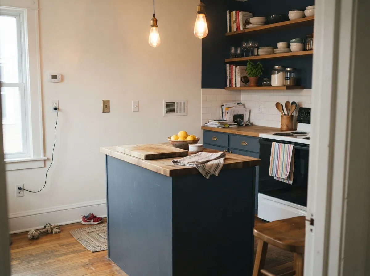 On an island under warm pendant light, next to butcher block and brass — the color's other classic role, contained rather than covering the whole kitchen.