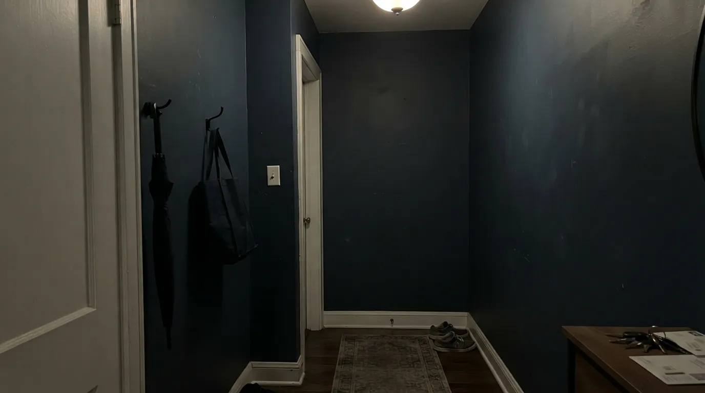 The honest shot: no daylight, no accent lamp, just a dim overhead bulb. At LRV 8 the blue disappears completely and the wall reads plain black.