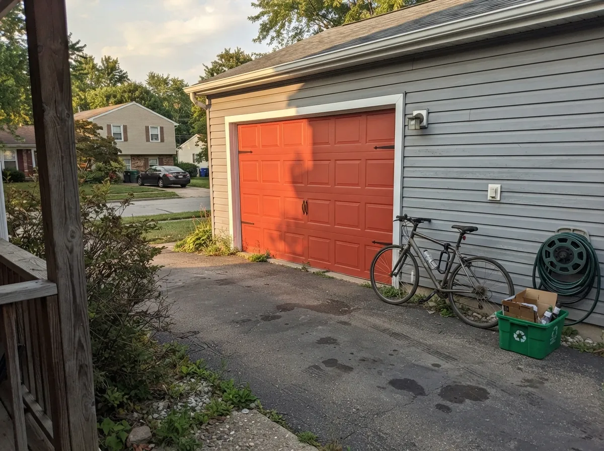 On a full garage door the color reads bolder and more orange than a paint chip ever suggests — sample a full panel first.