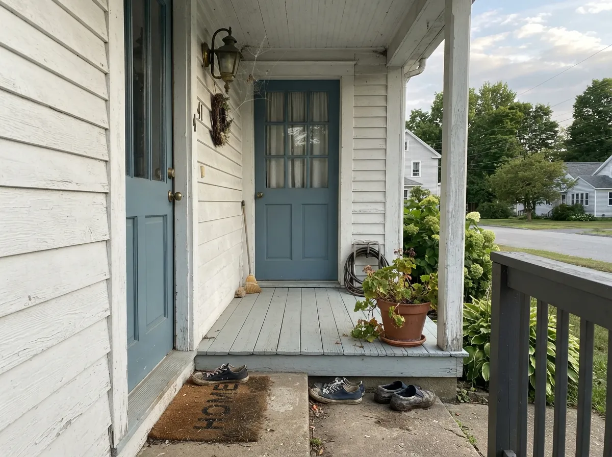 On a light exterior, a semi-gloss Adirondack Blue door reads calm and welcoming — the classic coastal-cottage move.