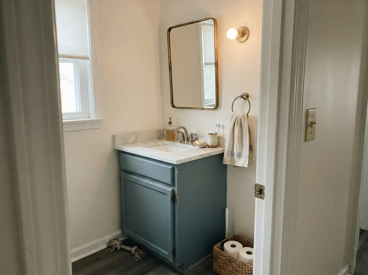 In doses — a vanity, not the whole room — the color reads custom without the risk of a full dark bathroom.