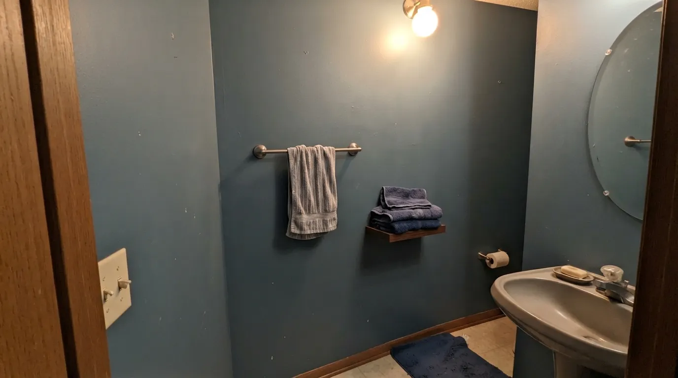 The honest shot: no window, one overhead bulb, and the color sinks toward flat navy-gray — exactly what happens when a whole small windowless bathroom gets committed to it.