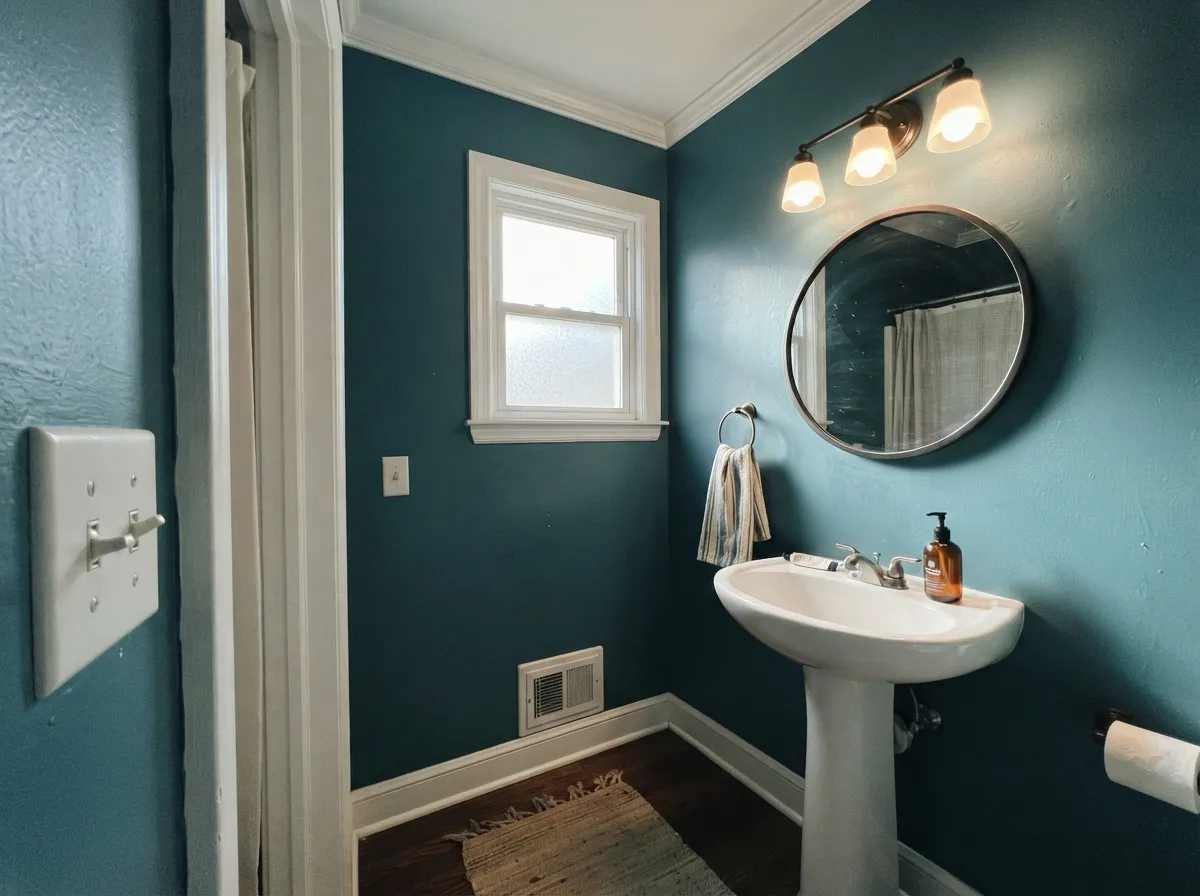 Drenched in a small powder room, the saturation reads intentional instead of overwhelming — its second-best job.