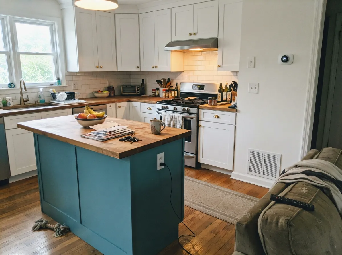 One island in Aegean Blue under white cabinets and warm wood — the loud note the rest of the kitchen stays quiet for.