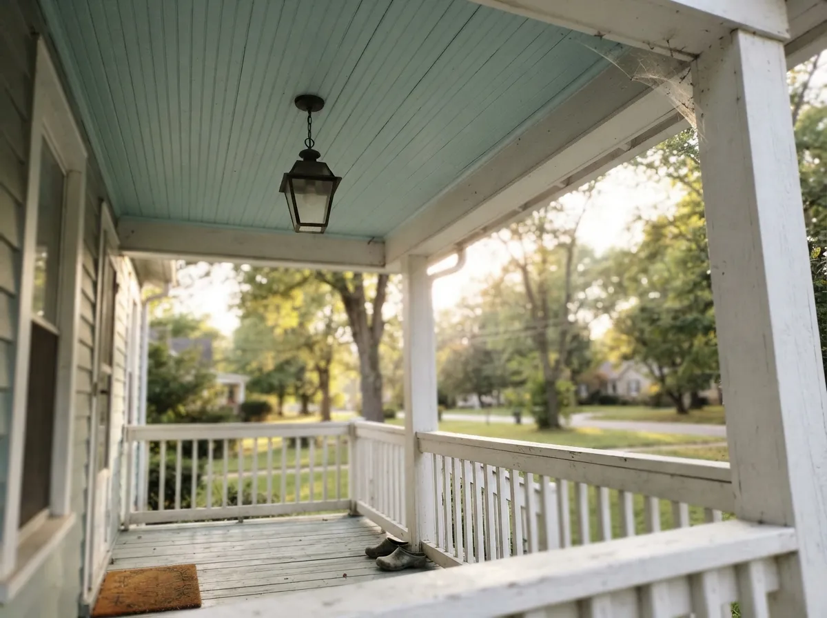 The traditional pale-blue porch ceiling — the same color Behr sells as exterior wood stain for exactly this job.