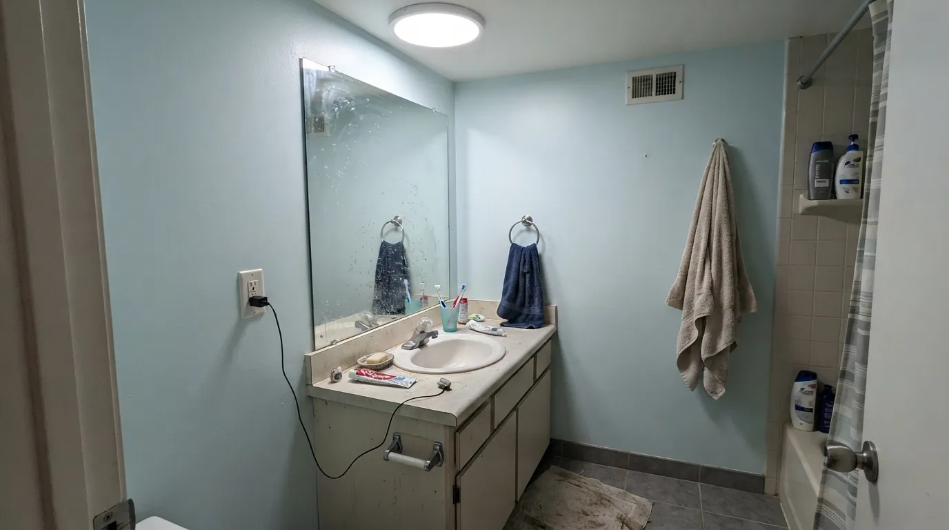 The honest shot: no daylight, cool LED overhead — the blue-green disappears and only the gray base is left. This is the light where After Rain disappoints.