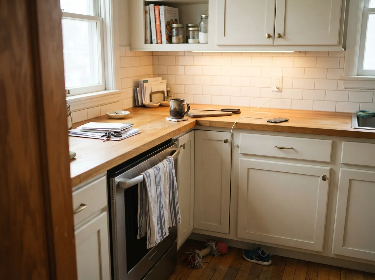 On cabinets against warm wood and brass, the beige base reads as intentional and cozy, not dated.