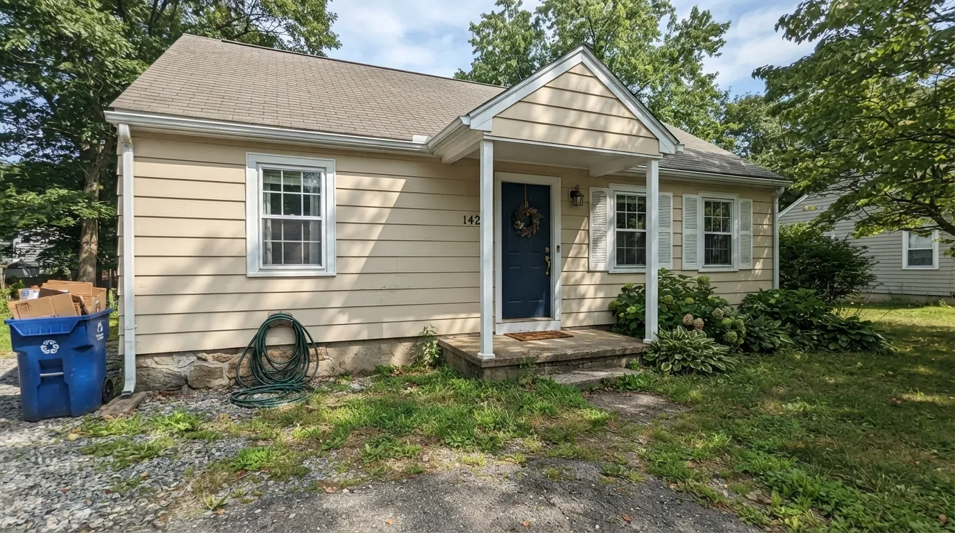 Almond Wisp on a Cape Cod facade — a warm cream body doing the classic traditional-house job, quietly.