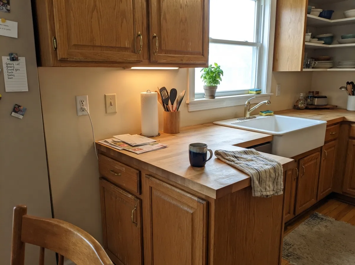 With oak and brass it warms up nicely without tipping yellow — Almond Wisp's most comfortable indoor room.