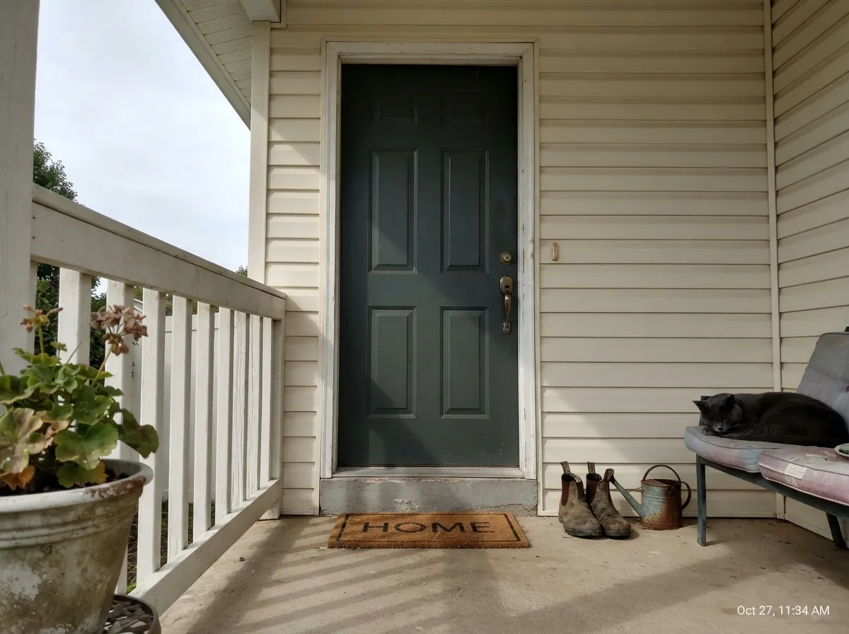 On a front door with real porch light, Alpine Trail stays a convincing dark green instead of reading as plain black from the curb.