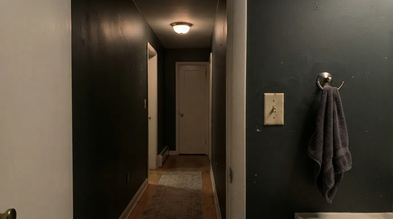 The honest shot: no window, no lamp — Alpine Trail drops to flat black with the green gone. This is the room it was never meant for.