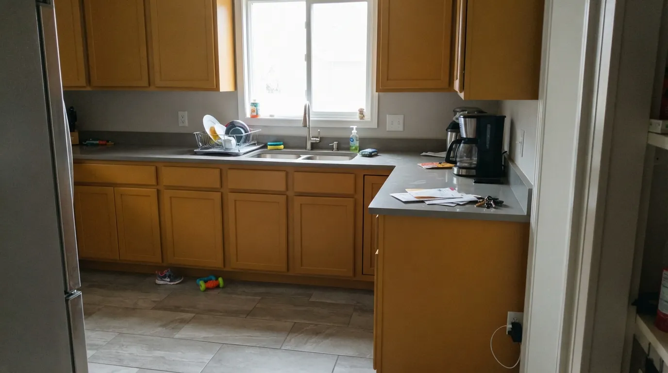 The honest shot: cool gray counters and flat daylight drain the red out and leave the gold looking mustard, not amber — the exact clash the fails section warns about.
