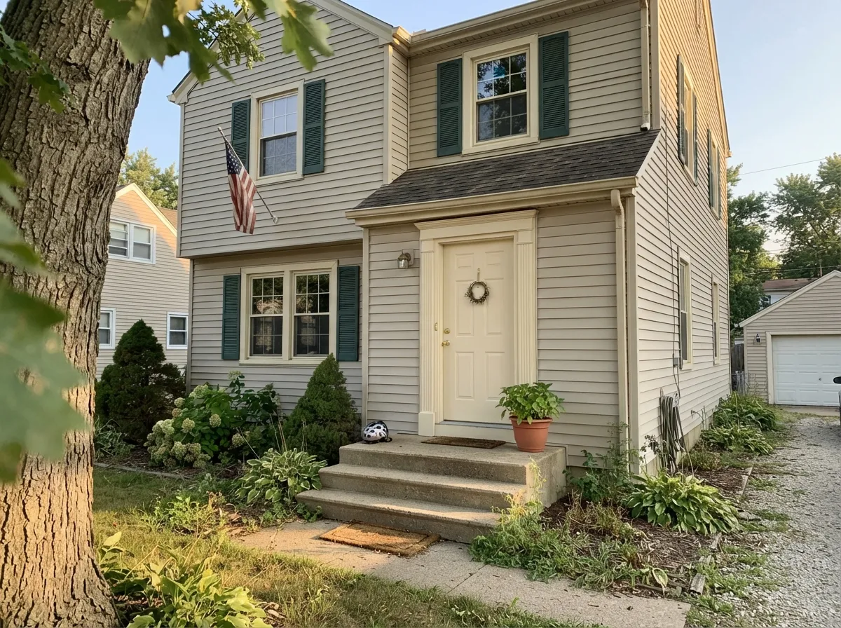 The exterior job it's known for: cream siding and trim against dark shutters, reading warm rather than stark.
