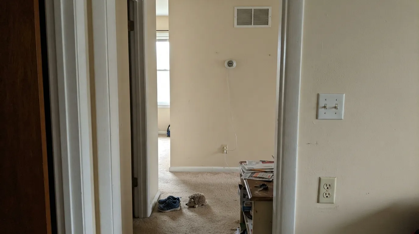 The honest shot: north light with a brighter white door frame nearby — this is where Antique White starts to look dingy instead of warm.