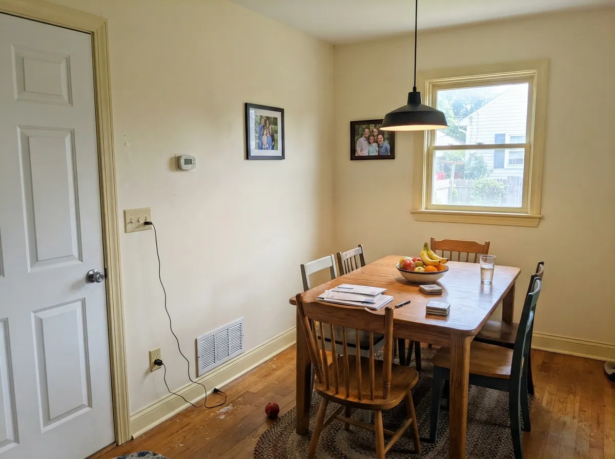 The soft-edge version: Apple Core on walls and trim, only the sheen changing, so the yellow has nothing brighter to lose to.