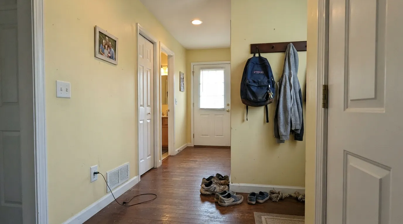 The honest shot: Apple Core walls next to Polar Bear trim — the brighter white wins and the cream looks like unwashed yellow, the pairing mistake behind most bad reviews.
