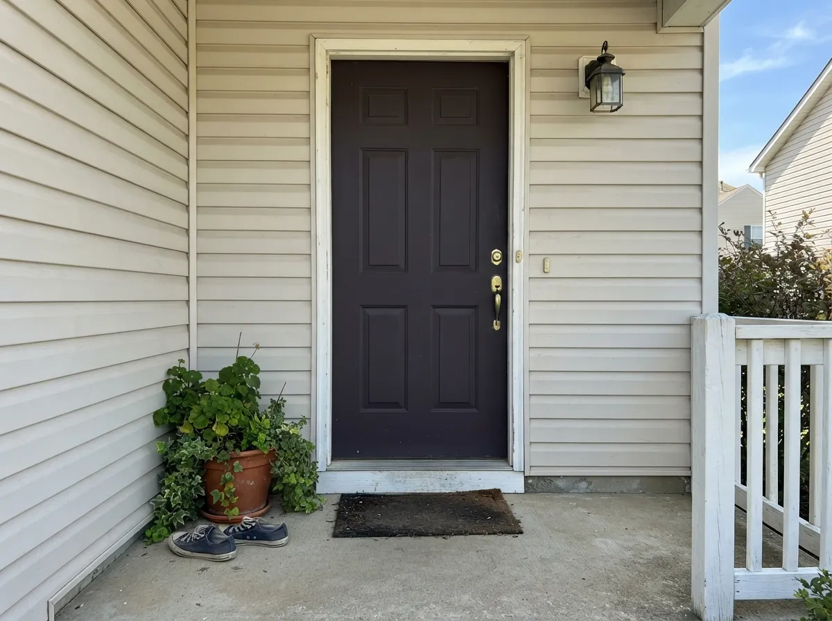 Full sun on light siding is exactly the light this color needs — from the curb it reads deliberate and dark, not flat black.