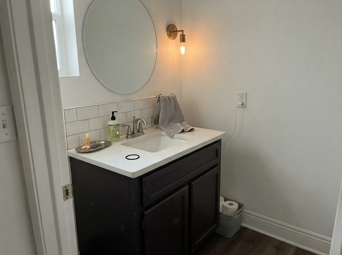 One warm lamp, one bold vanity: a small room takes the near-black depth well and the undertone still shows.