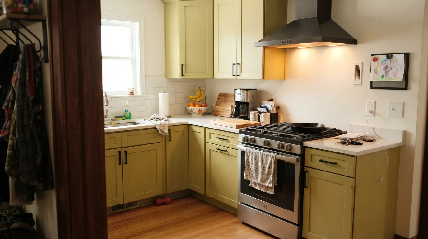 Back to Nature on cabinets against white counters and black hardware — the exact combination Behr built its Color of the Year launch around, and it earns it.