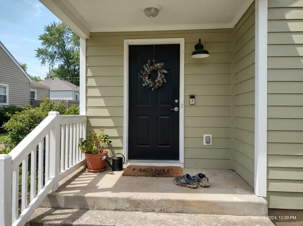 Full sun keeps the green reading confident, not loud — a black door is the pairing that shows up in almost every real curb-appeal photo of this color.