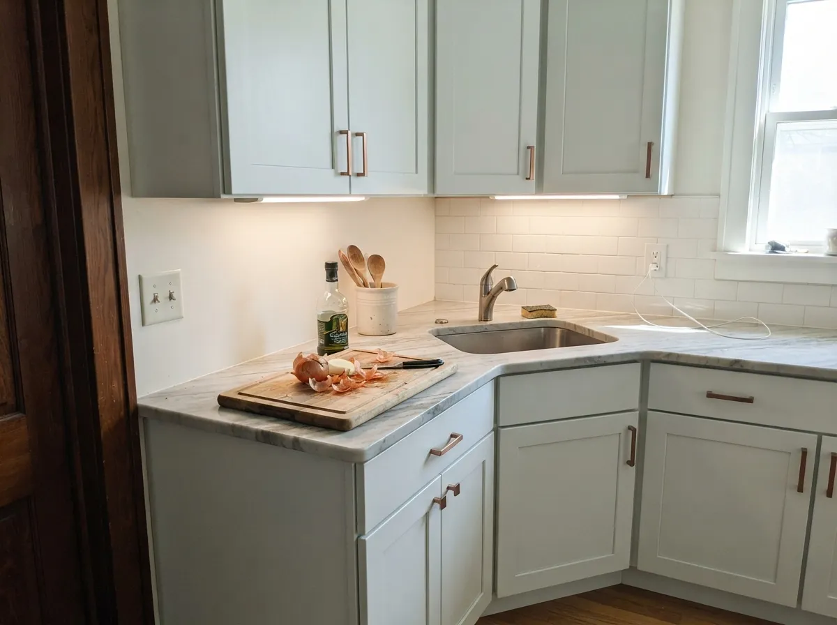 Satin cabinets in Bakery Box next to cool stone and copper — the Home Depot white that stays finished when Ultra Pure White goes gray.