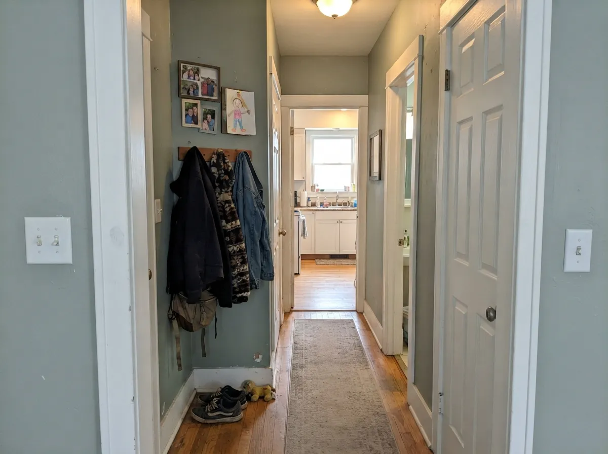 The millwork job: Bakery Box trim cutting a clean edge against a cool green-gray wall — crisp, not creamy.