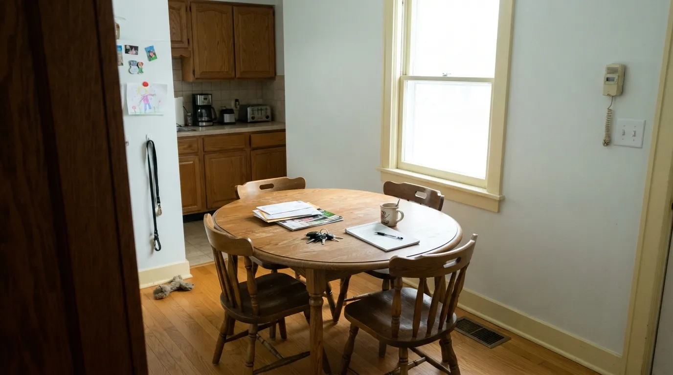 The honest shot: over honey oak and beside cream trim that stayed, Bakery Box goes faintly mint and makes the wood look orange — the pairing that wrecks this color.