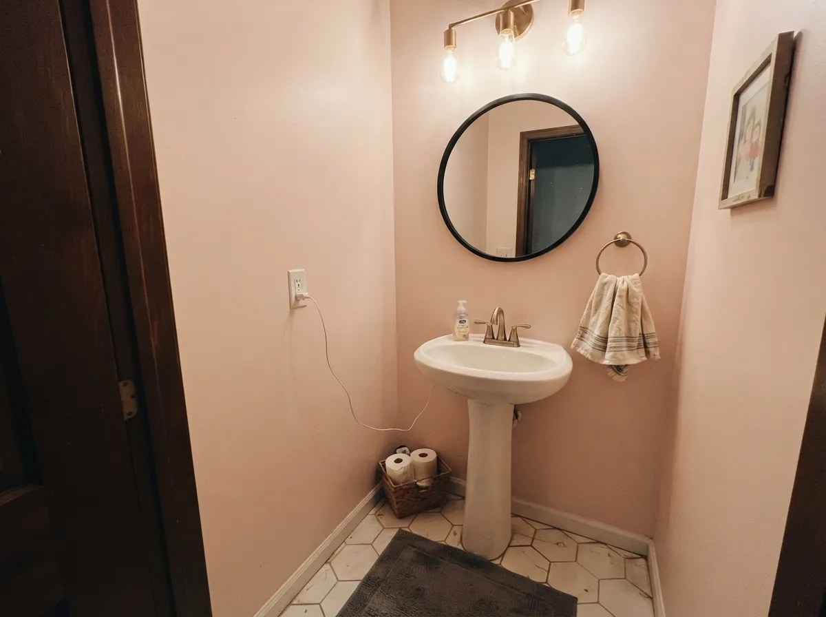 Enclosed and warmly lit, a powder room is where this color reliably reads as pink instead of gambling on daylight.