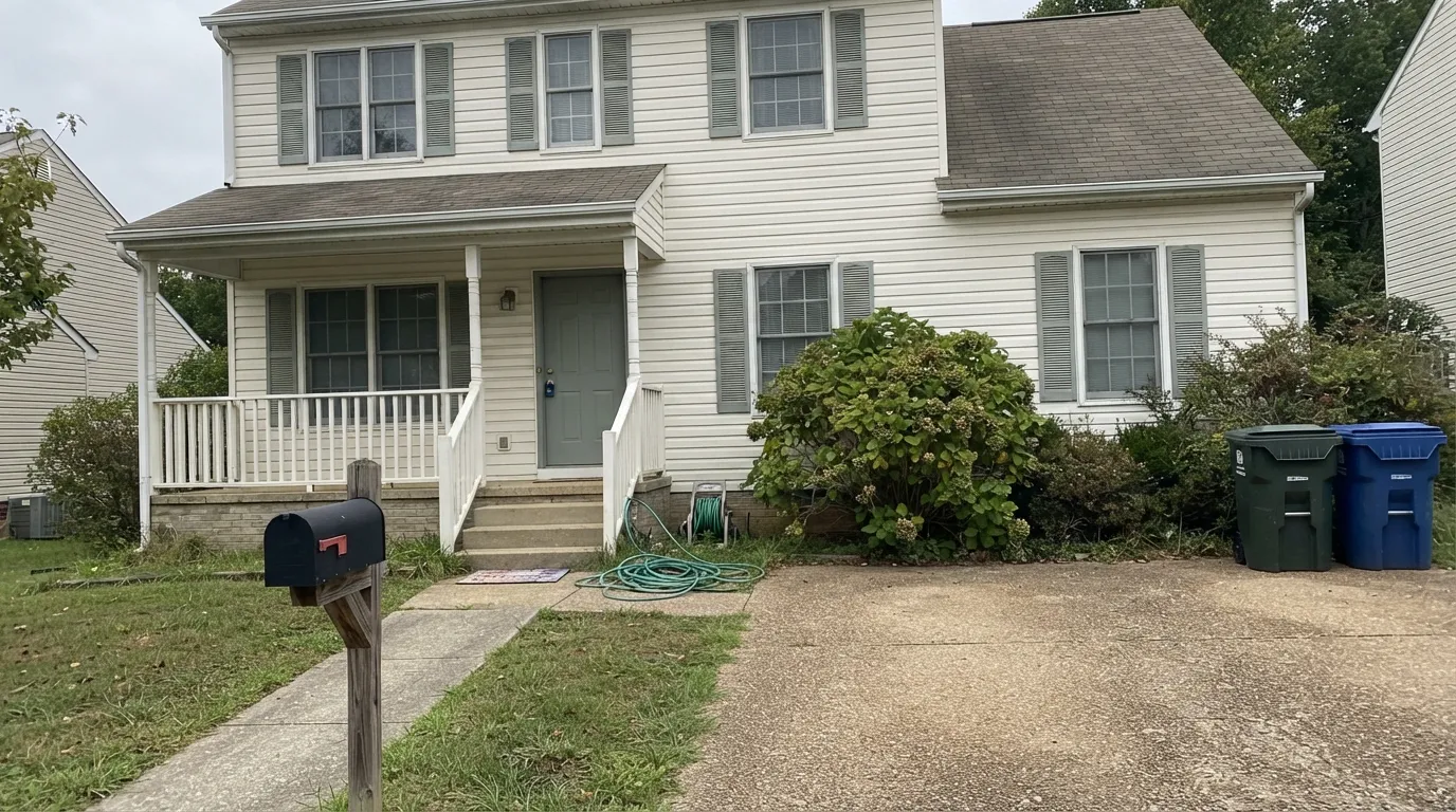 Shutters and the front door in Battleship Gray against white siding — its actual job, and the light where the "maritime neutral" framing almost makes sense.