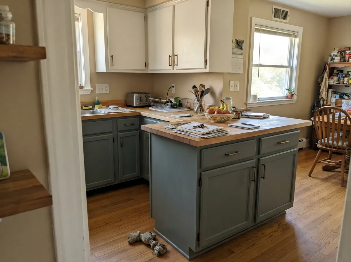 On cabinets, with a warm white above and brass hardware, the green settles into a composed sage-gray — a legitimate cabinet color even without a famous name.