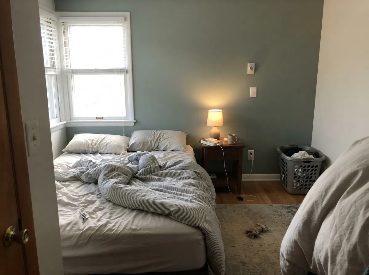 As a single accent wall in real morning light, it reads as a quiet, deliberate color choice — not a gray, not a loud green, somewhere honest in between.