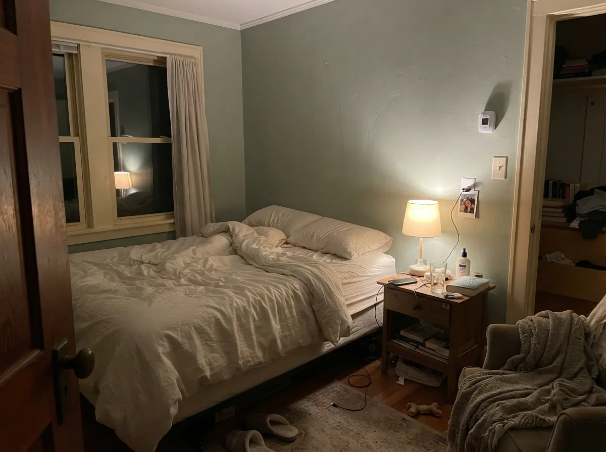 Under warm lamplight the gray-green stays calm and sage-toned — the color's best indoor room.