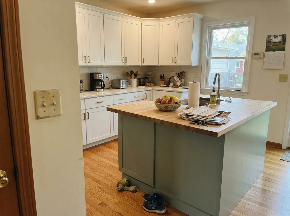 In doses — an island under white perimeter cabinets — it reads as the current, low-risk version of a green kitchen.