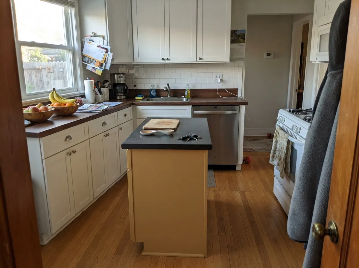 As an island color under white cabinets, the gold gets to be the one loud decision in the room — brass hardware and butcher block only help it.