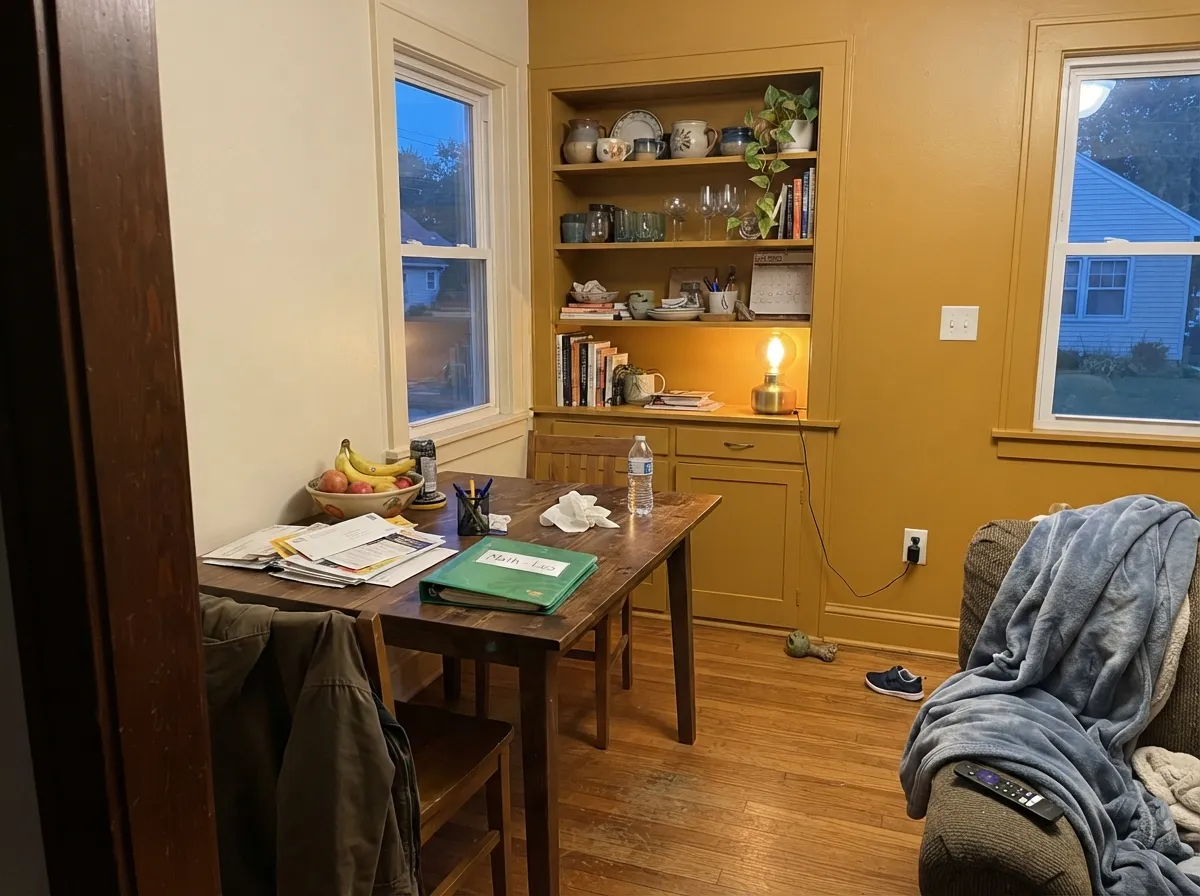 With walnut and warm lamp light, the amber comes forward and the hutch reads custom, not trendy.