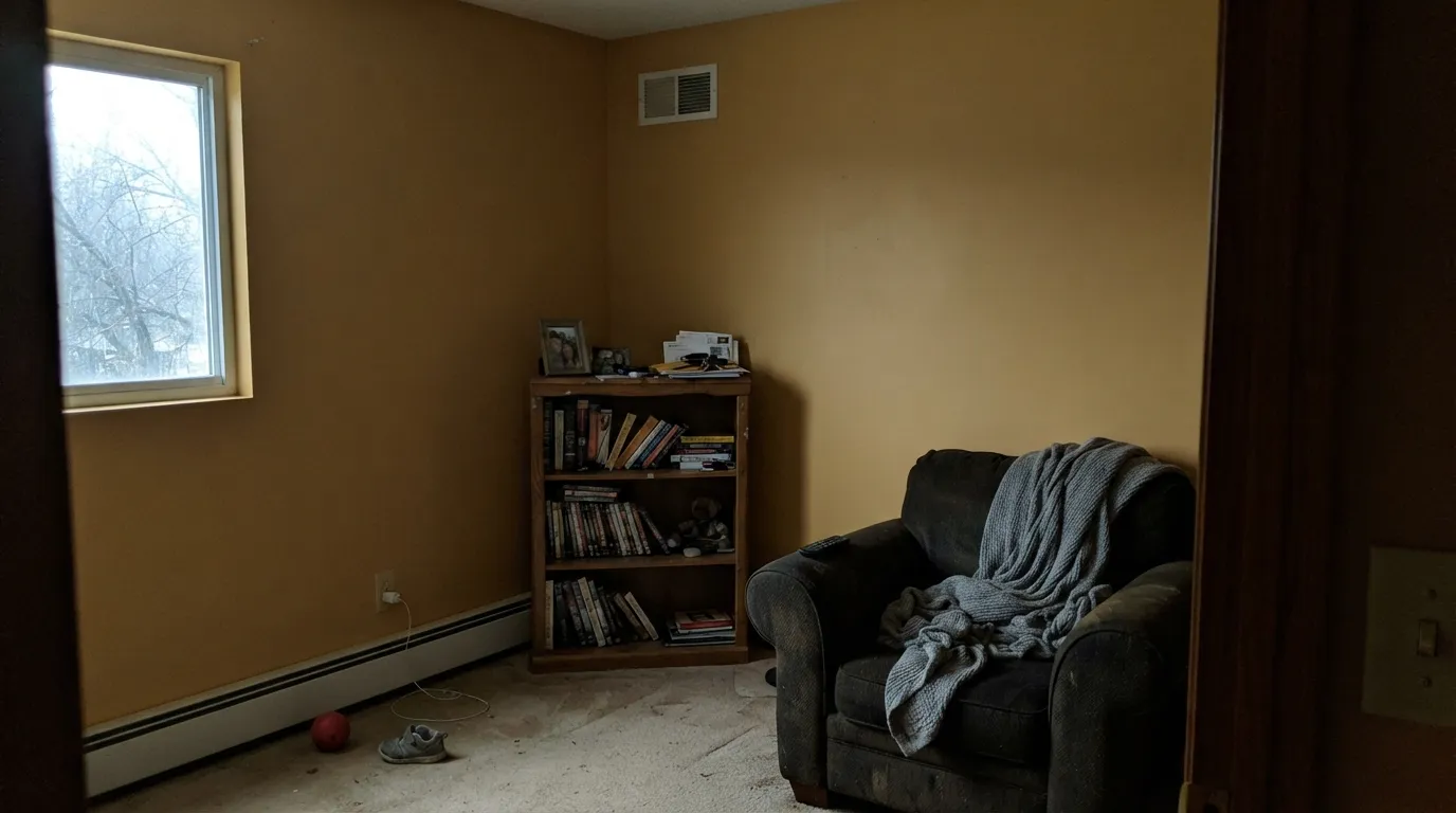 The honest shot: no daylight, no lamps, and the same paint that glows on a sunny front door goes muddy and mustard on four dim walls.