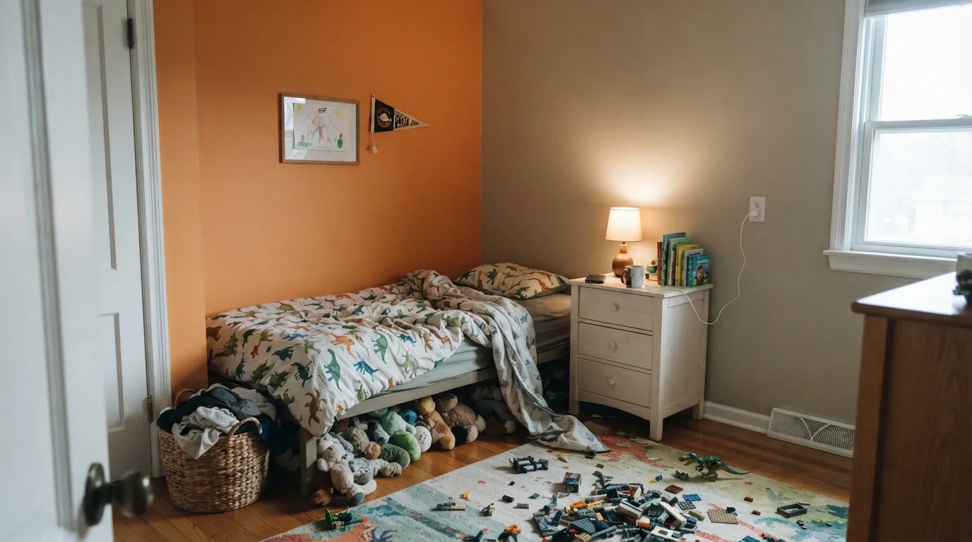 The dose that works: Bergamot Orange on the wall behind the bed, Silver Drop on the rest, clean Ultra Pure White trim holding the edge.