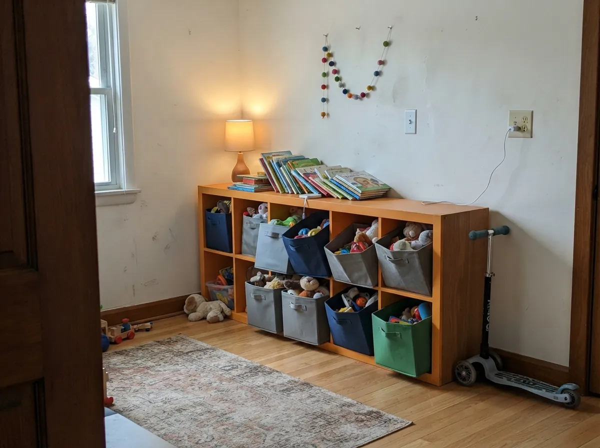 Paint the storage, not the room — orange cubbies against white walls give the same lift without tinting the whole space.